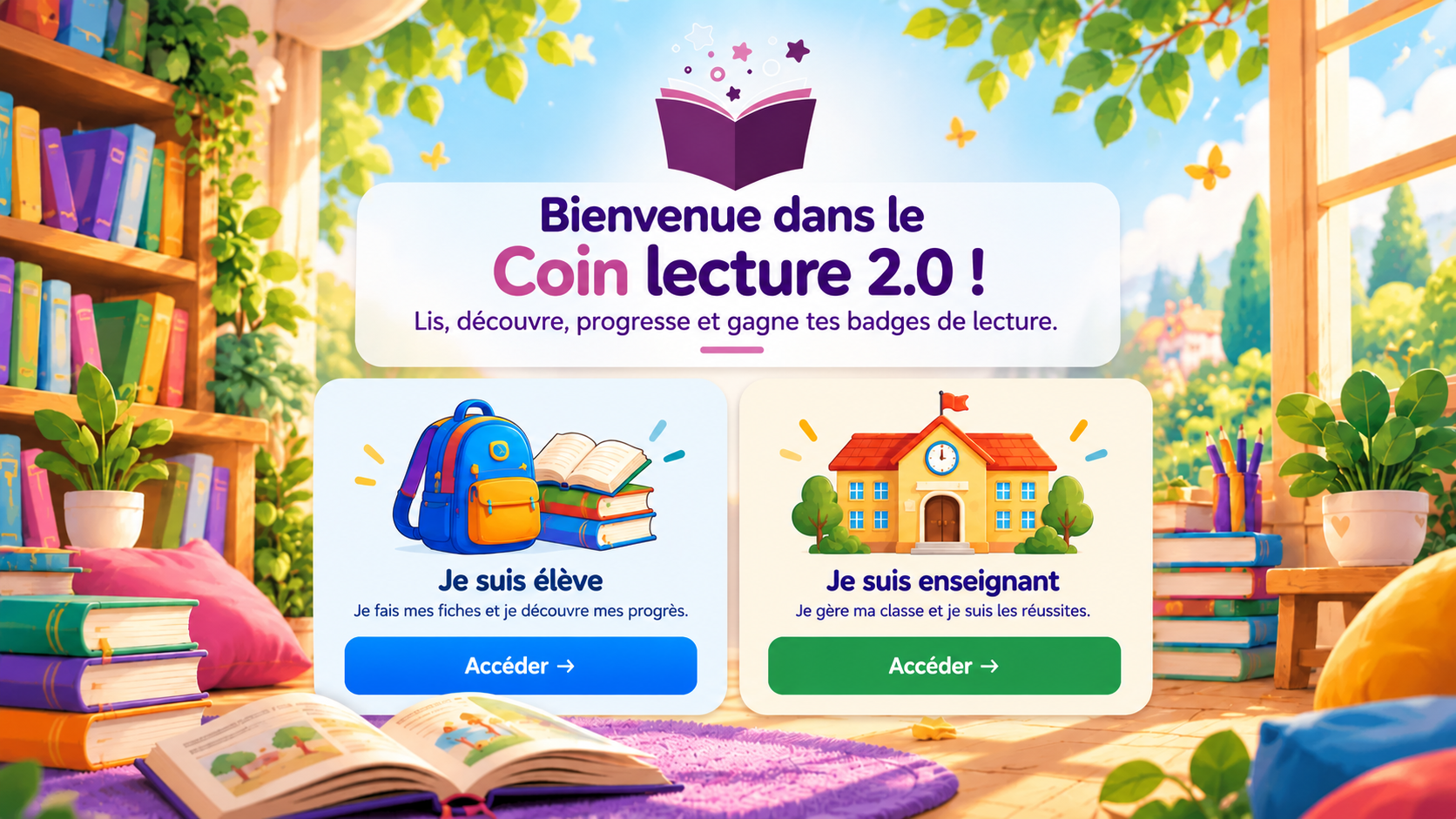 Bienvenue dans Coin Lecture 2.0 : bibliothèque ensoleillée et deux espaces, élève et enseignant
